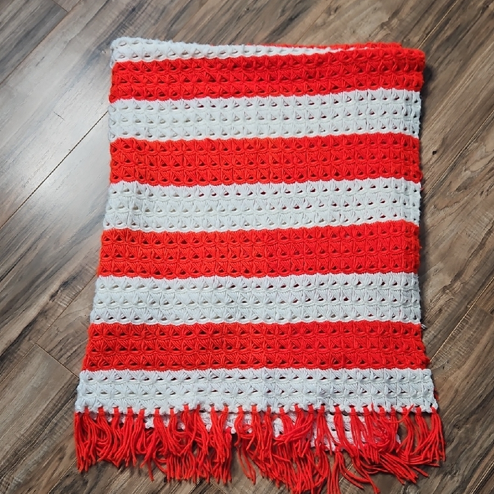 Crochet Handmade Red and White Knitted Throw Blanket